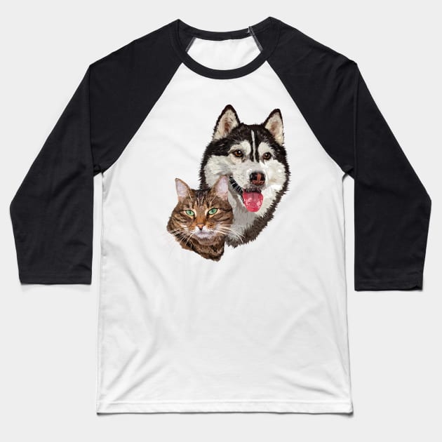 Cat and husky Baseball T-Shirt by obscurite